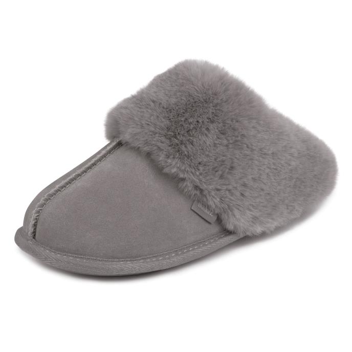 Isotoner® Ladies Real Suede Mule with Fur Cuff Grey Extra Image 2
